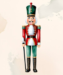 Obraz premium A colorful nutcracker soldier standing proudly against a soft pastel background in a holiday-themed display celebrating winter festivities