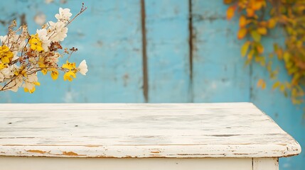 Fototapeta premium White Wooden Table With Blue Background Soft Pastel Background for Graphic Design Templates