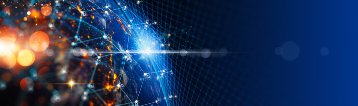 A vibrant depiction of a global AI network highlights the interconnectedness of data points on a digital Earth.