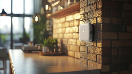 A modern white device mounted on a textured brick wall in a warm, cozy kitchen setting.