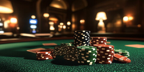 Close-up poker chips in red, green, and purple neatly stacked on casino table. Elegant ambiance with soft lighting in the background. Perfect for showcasing gambling, poker, and casino environments