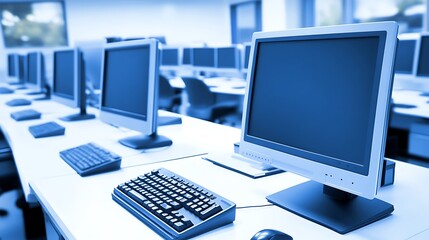 Computer lab with modern monitors Soft Pastel Background for Graphic Design Templates