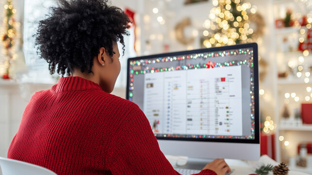 Black Woman Shopping Online for Christmas Presents on Computer in Festive Decorate Room, Boxing Day Sale and Holiday Discounts Concept.