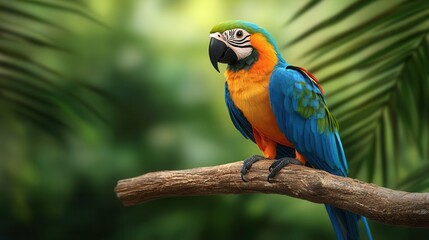 A vibrant blue and orange macaw perched on a branch, surrounded by lush greenery.