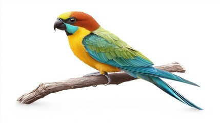 Obraz premium A vibrant parrot perched on a branch, showcasing its stunning yellow, green, and blue plumage.