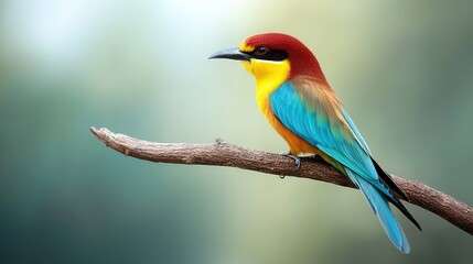 Fototapeta premium A vibrant, colorful bird with a red head, yellow chest, and blue wings perched on a branch.