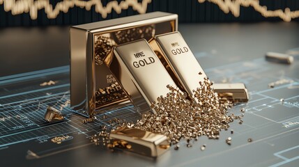 3D render of gold bars breaking through digital stock market chart, innovation in gold investment