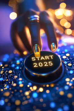 Vertical Photo of a Woman's Hand Pushing Black 3D Button with Gold "Start 2025" Typography, 2025 New Year Countdown and Fresh Beginning.