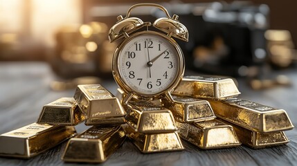 Arranged gold bars with faint clock overlay, timelessness of gold as a longterm investment
