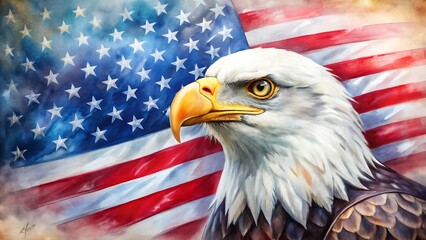 Symbolic Portrait of a Bald Eagle: Emblematic Representation of National Pride with the USA Flag, Perfect for Celebrating Patriotism and Heritage