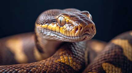 Fototapeta premium Close-up of a majestic brown and yellow snake showcasing intricate scales and striking eyes.