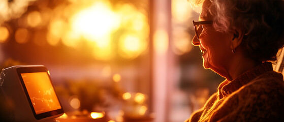 artificial intelligence helping in everyday life challenges: medicine, health monitor for elderly people; older woman sitting next to health monitor