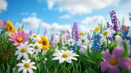 Fototapeta premium A vibrant spring meadow filled with colorful flowers under a bright blue sky.