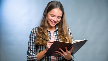 smiling teen girl noting school diary in studio