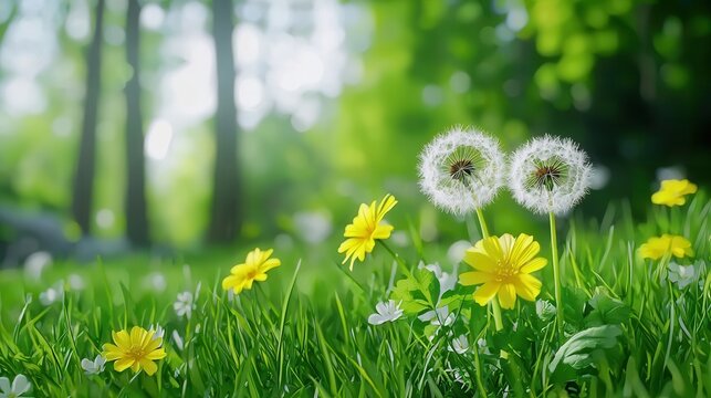 A vibrant spring scene featuring delicate dandelions and cheerful yellow flowers amidst lush green grass.