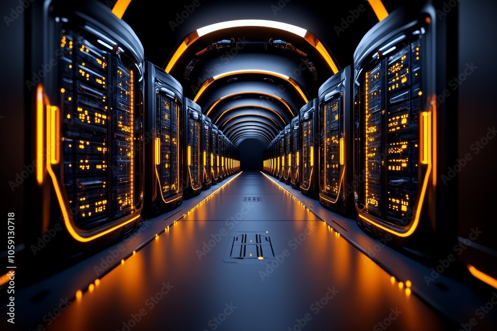 Poster 3D-rendered illustration of a large server room with glowing, organized data racks, capturing the structured and scalable nature of data warehousing, symbolizing organization and capacity