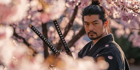 A serene portrait of a samurai in a tranquil garden, holding a katana with both hands, surrounded by cherry blossom trees in full bloom, symbolizing peace and strength.