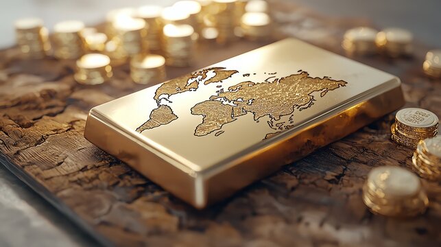 Gold bullion bars with faint overlay of global map, representing international gold trade