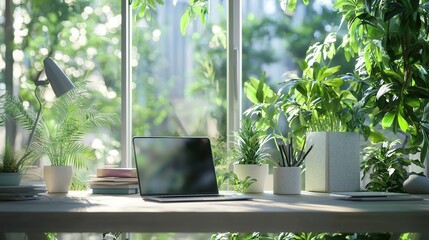 A serene workspace featuring a laptop surrounded by greenery, perfect for productive moments.