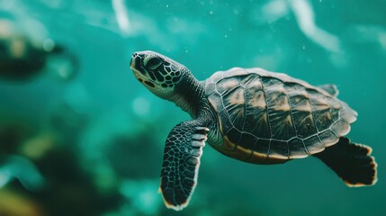 Fototapeta premium Young Turtle Swimming Through Water Safely