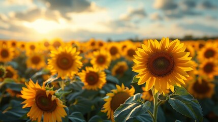 Obraz premium Close-up of a sunflower with a blurred background of other sunflowers and a cloudy sky. AI generative. .