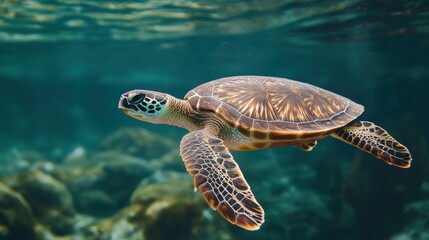 Obraz premium Young Turtle Swimming Through Water With Caution