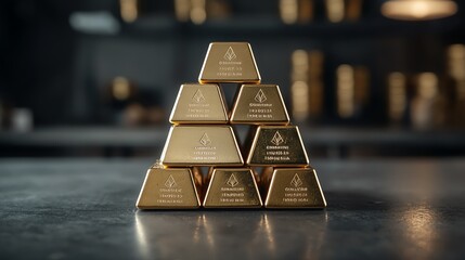 Gold bullion stacked in pyramid form, dark vignette background, minimalist wealth representation
