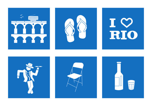 Icons of Rio de Janeiro - Brazil ( Brasil ) and its natural beauty. Representation of Carioca, Lapa, slippers, i love Rio, cacha&ccedil;a, bar chair in vector. 