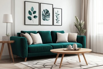 Minimalist living room with emerald sofa, botanical posters, and teal curtains