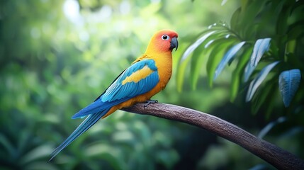 Obraz premium A vibrant, colorful parrot perched on a branch amidst lush greenery, showcasing its stunning plumage.