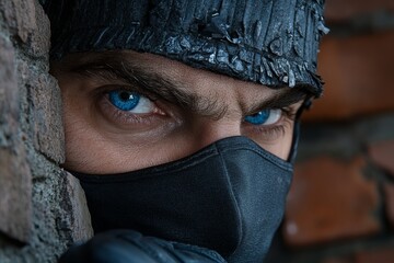 Assassinâ€™s masked face with intense eyes in a dimly lit alley, capturing the serious, focused demeanor of a skilled character, symbolizing commitment and danger