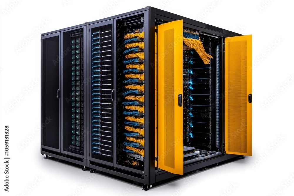 Poster Brightly lit server room with endless rows of organized data racks, capturing the expansive storage and high-tech atmosphere of data warehousing, symbolizing scale and security