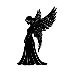 Fototapeta premium A silhouette of a woman angel with wings on her back. The wings are black and white.