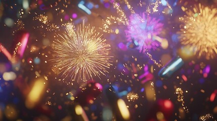 Cardboard backdrop with vibrant New Year designs, featuring fireworks and confetti, ideal for celebrations and festive photo setups.