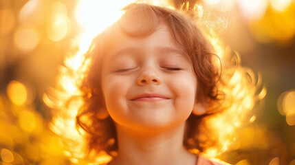 Small child or toddler smiling with closed eyes, in a soft natural setting to capture pure joy