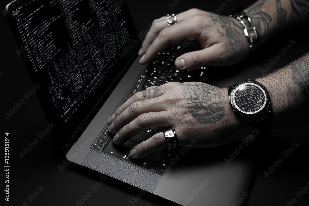 Fototapete Close-up of a personâ€™s hands typing code on a laptop with graphs and data sets displayed, capturing the analytical and detail-oriented nature of data mining, symbolizing precision and insight