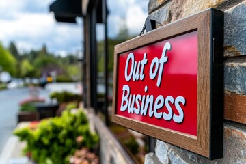 Closed storefront with "Out of Business" sign and empty shelves, capturing the visible impact of business failure on a community, symbolizing change and reflection
