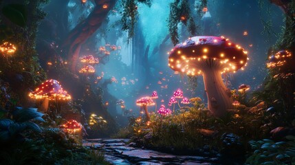 Mystical Forest with Glowing Mushrooms at Night