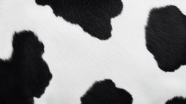 Close-up of a black and white cowhide, showcasing the unique patterns and textures of the fur.
