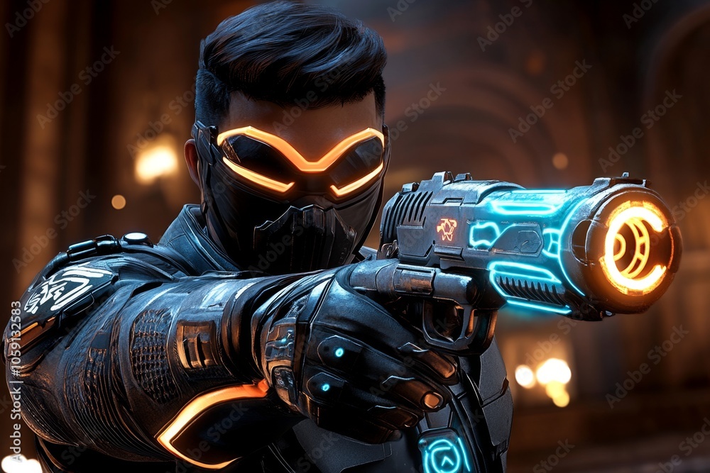Poster cyberpunk assassin in neon-lit shadows, with futuristic mask and glowing weapons, capturing the inte