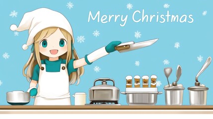 A cheerful character in a chef's outfit celebrates Christmas with kitchen utensils, conveying a festive cooking spirit.