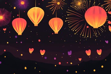 Obraz premium Night sky with fireworks and glowing balloons