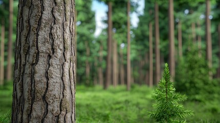 Obraz premium A close-up of a textured tree trunk surrounded by lush greenery in a serene forest setting.