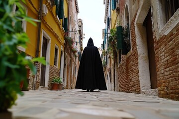 Naklejka premium Dark-clad figure emerging from the shadows in a narrow alley, with cautious posture capturing the secrecy and readiness of an assassin in motion, symbolizing stealth and control