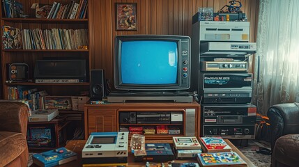 A vintage living room setting with an old-school gaming console, pixelated graphics on the TV screen, and classic game cartridges scattered around 