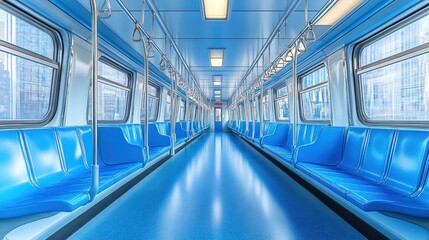 Obraz premium Empty subway car with blue seats and windows showing city skyline.