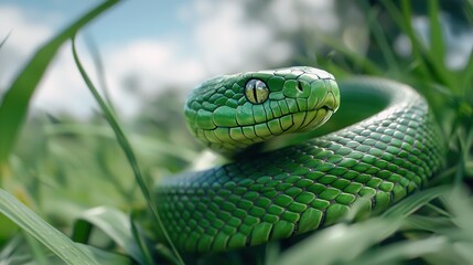 Fototapeta premium A close-up of a vibrant green snake resting among lush grass, showcasing its striking scales and attentive gaze.