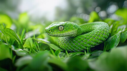 Fototapeta premium A vibrant green snake resting amidst lush green leaves, showcasing its intricate scale patterns and striking eyes.