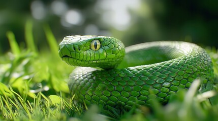 Fototapeta premium A vibrant green tree snake gracefully resting in lush grass, showcasing its striking scales and keen eyes.