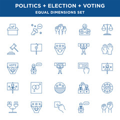 Line Political Election and Voting Icons Set with equal size dimensions and line widths in Vector Format. 